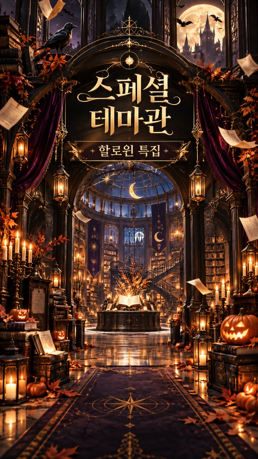 스페셜 테마관 · 할로윈 특집. 달빛과 촛불이 비추는 고딕 도서관 입구